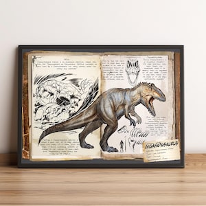 May include: Framed artwork depicting a Giganotosaurus dinosaur, designed to resemble an open book with handwritten notes and sketches. The dinosaur illustration is in shades of grey, brown, and blue. The artwork includes scientific details.