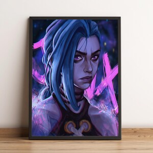 May include: A digital illustration of a woman with blue hair and purple eyes. She is wearing a dark purple and black outfit with a heart-shaped design. The background is a dark blue with purple and pink streaks.