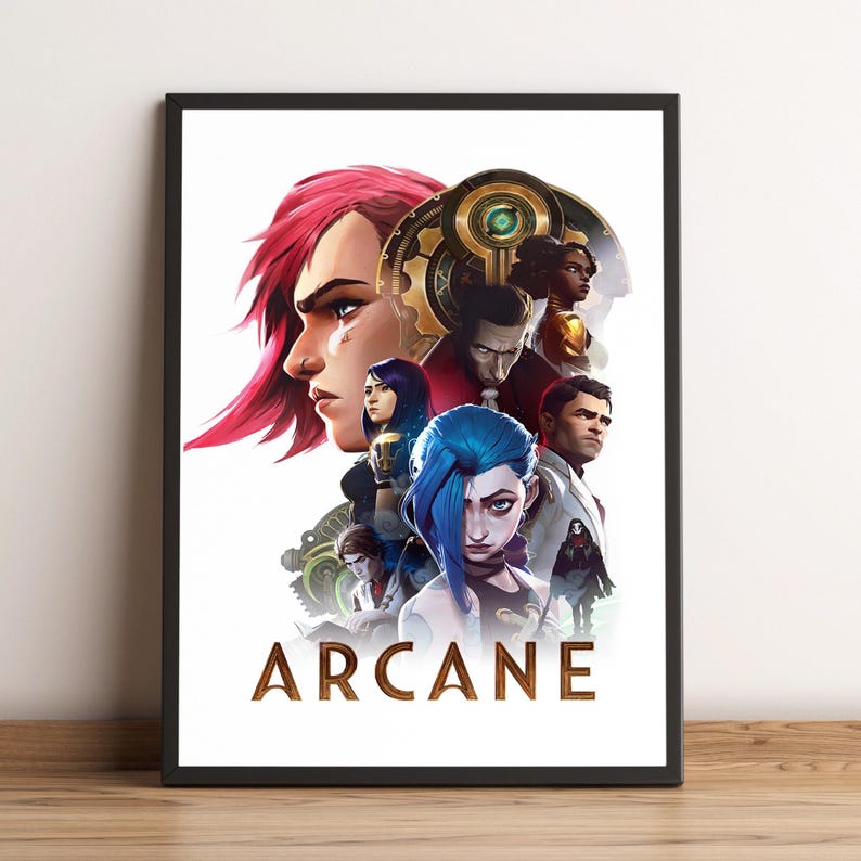 May include: A poster with a white background featuring a group of characters from the animated series Arcane. The characters are arranged in a layered composition, with the main character, Vi, in the foreground. The poster features the title "ARCANE" in gold lettering.
