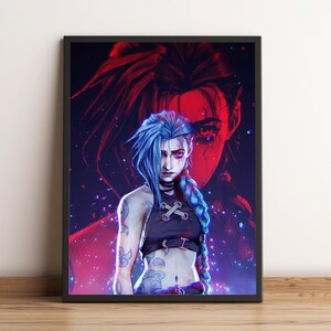 May include: A digital art print featuring a blue-haired female character with a red and blue background. The character has a black and white outfit with a cross design and a blue braid.