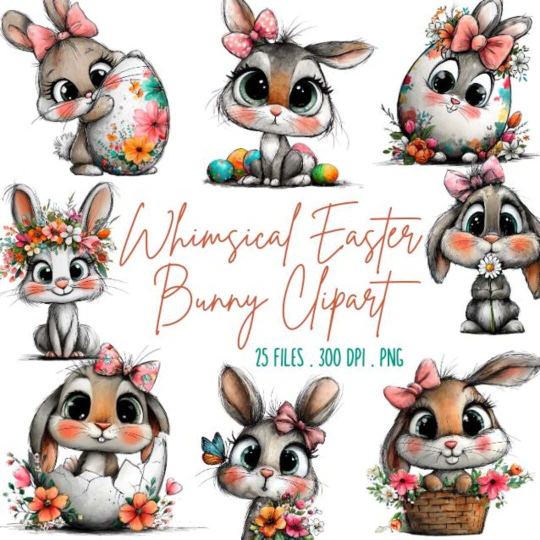 25 Whimsical Easter Bunny Clipart Bundle, Watercolor Spring Bunny PNG ...