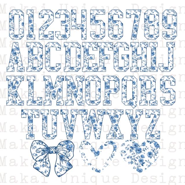 Blue and Pink Toile Alphabet PNG Bundle, Floral Varsity Letters Clipart ...