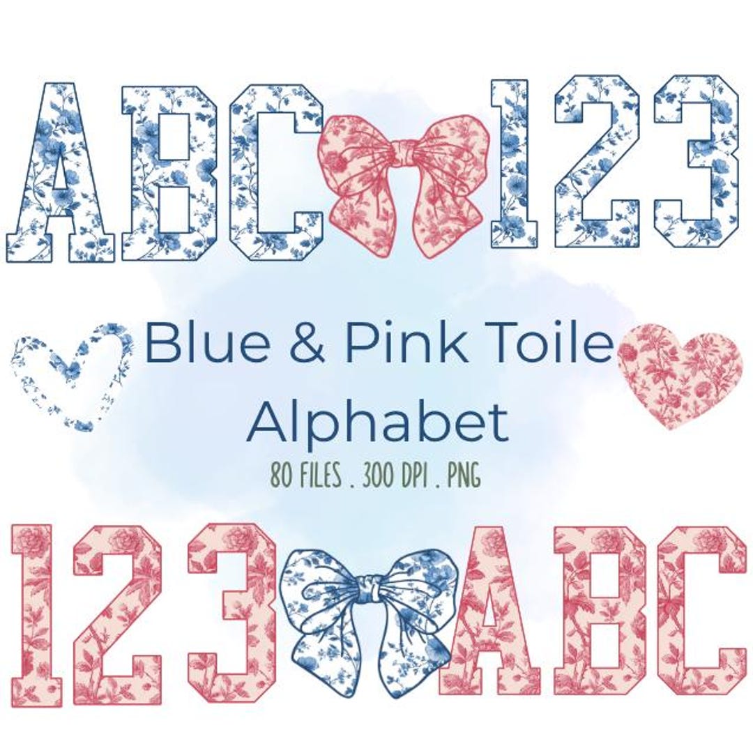 Blue and Pink Toile Alphabet PNG Bundle, Floral Varsity Letters Clipart ...