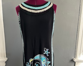 Dress with decorative collar detail | Early 2000's | Sandra Darren | Stretchy black poly knit with tropical pattern | Size Medium - large