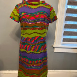 Mod vintage beaded dress | 1960s | Unknown designer | wool beaded | Size Medium