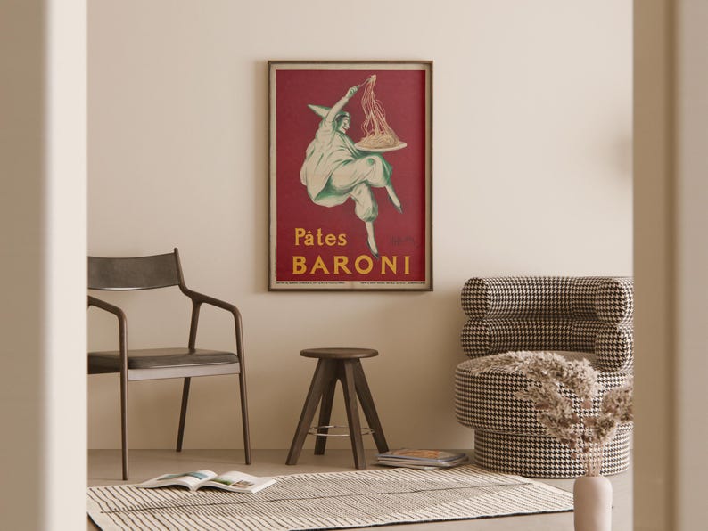 Vintage pastaposter | Italiaanse keukenmuurdecoratie | Pates Baroni 1921 Leonetto Cappiello | Chef-kokcadeau, reclame voor eten in de eetkamer afbeelding 3