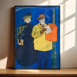 Reproducción de la portada de una revista vintage de Edward Penfield: Hombre y mujer enviando cartas.