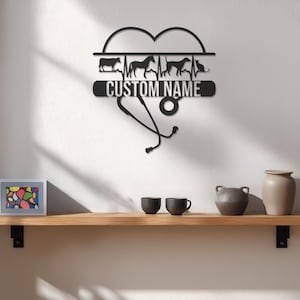 Custom Vet Metal Wall Art – Personalized Heartbeat Animal Line with Stethoscope, Unique Veterinary Gift or Clinic Office Wall Decoration
