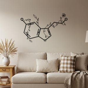 Serotonin Molecule Metal Wall Art – Botanical Chemical Structure Decor, Modern Science Wall Accent for Office, Bedroom or Living Room