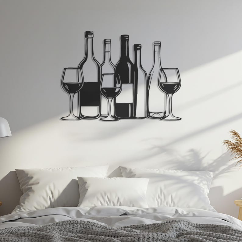 Wine Bottle Metal Wall Art, Bar Kitchen Wall Decor, Wine Glass ...