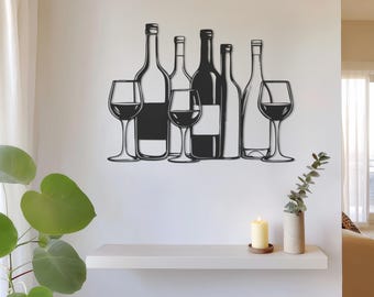Wine Bottle Metal Wall Art, Bar Kitchen Wall Decor, Wine Glass Sculpture, Modern Decor, Metal Bar Sign, Wine Wall Decor, Gift for Home