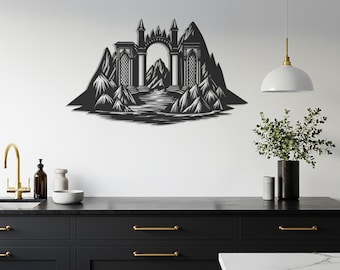 Arte de parede em metal com castelo de fantasia – Design de paisagem montanhosa mística, decoração moderna de inspiração medieval para sala de estar, escritório ou hall de entrada.