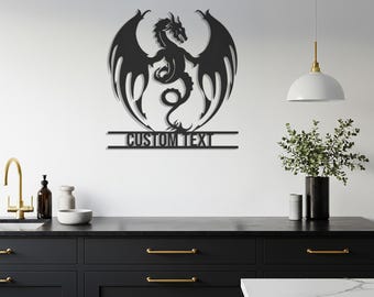 Arte de parede personalizada com dragão em metal – Placa com nome personalizado, decoração mística e fantástica para quarto, sala de jogos ou espaço masculino, ideia de presente exclusiva.