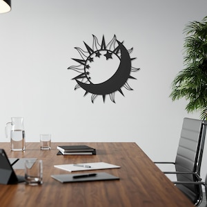 Sun Moon Stars Metal Wall Art – Celestial Modern Minimalist Decor, Whimsical Spiritual Design for Living Room, Bedroom or Meditation Space