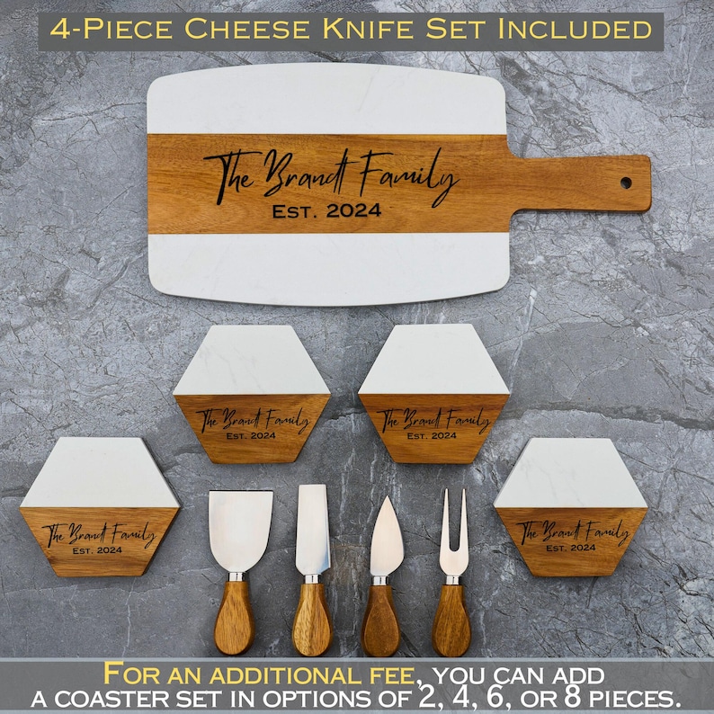 May include: A 4-piece cheese knife set with a wooden handle and a marble-look design. The set includes a spreader, a knife, a fork, and a cheese knife. The set is displayed on a marble-look cutting board with a wooden handle. The cutting board is personalized with the text "The Brandt Family Est. 2024".