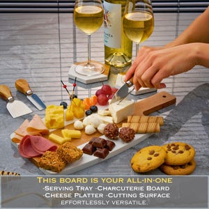 May include: A white marble serving board with a wooden handle, featuring a variety of snacks, including cheese, crackers, fruit, and chocolate. The text "THIS BOARD IS YOUR ALL-IN-ONE -SERVING TRAY -CHARCUTERIE BOARD -CHEESE PLATTER-CUTTING SURFACE EFFORTLESSLY VERSATILE." is printed below the board.