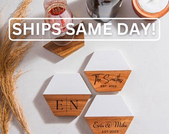 Wedding Gift, Personalized Coasters Set, Custom Engraved Wood Gift, Anniversary Gift for Her, Unique Engagement Gift, Bridal Shower Gift