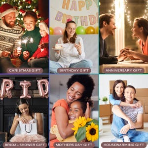 May include: A collage of six images depicting different gift-giving occasions. The top row shows a family celebrating Christmas with sparklers, a woman celebrating a birthday with balloons and cake, and a couple celebrating an anniversary. The bottom row shows a woman opening a gift at a bridal shower, a mother and daughter hugging with a bouquet of sunflowers, and a couple celebrating a housewarming.