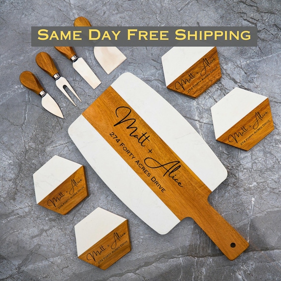 Personalized Cutting Board, Custom Address, Housewarming, New Home, First Home Gift, Engraved Marble Wood Cheese Board, Realtor Closing Gift