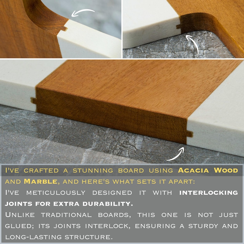May include: A close-up of a wooden and marble cutting board with interlocking joints. The board is made of acacia wood and marble. The text "I've crafted a stunning board using acacia wood and marble, and here's what sets it apart: I've meticulously designed it with interlocking joints for extra durability. Unlike traditional boards, this one is not just glued; its joints interlock, ensuring a sturdy and long-lasting structure." is visible in the image.