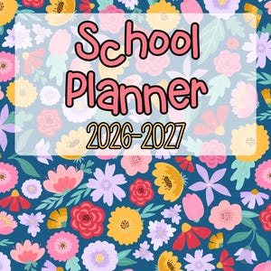 Könnte beinhalten: Ein Schulplaner mit dunkelblauem Hintergrund und einem bunten Blumenmuster aus rosa, gelben und hellvioletten Blüten. Ein halbtransparentes weißes Rechteck in der Mitte zeigt den Text School Planner 2026-2027 in Rosa.