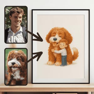 Portrait personnalisé d'animal de compagnie et de son propriétaire, dessin de famille mignon, cadeau personnalisé, illustration de couple et d'animal de compagnie, dessin de famille d'animal de compagnie mignon