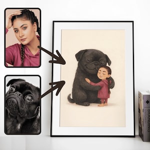 Custom Pet Illustration, Pet and Owner Custom Portrait, Cute Family Drawing, Personalized Gift, Portrait from Photo