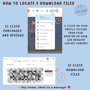 May include: A step-by-step guide on how to locate and download files from Etsy purchases. The image shows a computer screen with a profile picture, a drop-down menu, and a purchase history page. The steps are numbered and highlighted with arrows.