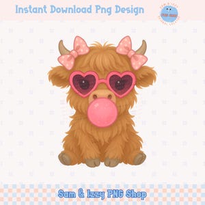 Jolie coquette vache Highland PNG, rose chewing-gum vache Clipart, coeur tendance lunettes PNG, fille vache Sublimation ferme Western Animal Designs