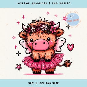 Sublimation PNG avec fée des Highlands, adorable bébé vache tendance, cliparts pour les amoureux des vaches, fille de la campagne, fleur vache Png, ferme