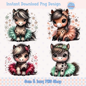 Op de afbeelding: Vier digitale illustraties van schattige cartoonpaarden die tutus en bloemenhoofdbanden dragen. De paarden zijn bruin, zwart en wit met vlekken. De achtergrond is een lichtblauw en wit geruit patroon.