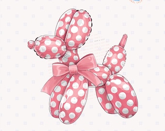 Cute Retro Polka Dot Print Coquette Balloon Dog Png Sublimation Design Kids Invitation Party Balloon Animal Preppy Girly Graphics Dog Lover