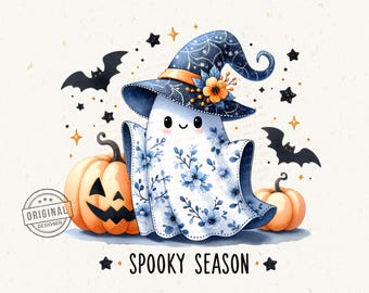 Gruselige Saison Niedlicher Geist Png, Blaue Blumenbogengeister, Toile Clipart, Toile de Jouy, Niedliche Halloween Cliparts, Vintage-inspirierte Geist Png, DTF