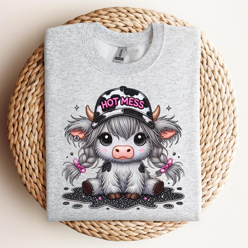 May include: Gray t-shirt with a cartoon illustration of a cow wearing a black and white baseball cap that says "HOT MESS" in pink letters. The cow has black and white spots, pink pigtails, and is sitting on a black and white starry background.