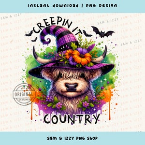 Creepin it Country PNG, Sublimação de vaca fofa das Terras Altas no outono, Vaca de Halloween PNG, Clipart de vaca no outono, Vaca de pelo longo PNG, Vaca das Terras Altas no outono