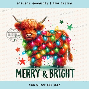 C'est la saison png, joyeux et lumineux png, vache Highland de Noël png, camion de Noël vintage png, jolie vache png, génisse png, vache de Noël