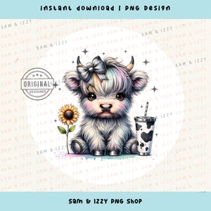 May include: A cute cartoon Highland cow with a rainbow-colored mane and a silver bow, sitting with a sunflower and a cup of milk. The background is a white and pink pattern with the text "Sam & Izzy" repeated.