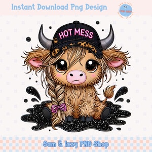 Hot Mess Cute Highland Cow Png Sublimation Design, Cute Snarky Bougie Western Cap Country Cow, Sarcasmo Cute Cow para camisa, Leopard Print Png