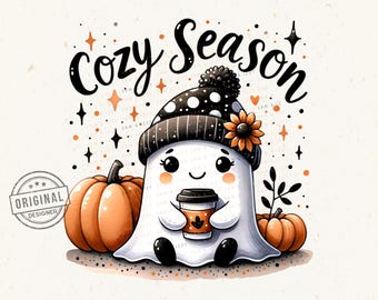Gezellig seizoen schattig spook png, schattig spook met koffie en pompoen, halloween herfst clipart voor tshirts, mokken, stickers, herfstontwerpen, DTF