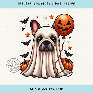 Franse bulldog png, schattige spookhond png, Halloween-hond png, spookhonden, hondendeken png, hier voor de traktaties, trick or treat, schattige hond clipart