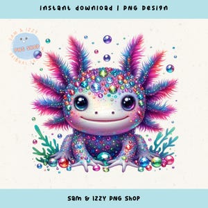 May include: A colorful, cartoon axolotl with iridescent scales and large, blue eyes. The axolotl is surrounded by bubbles and coral. The axolotl is sitting on a white background.