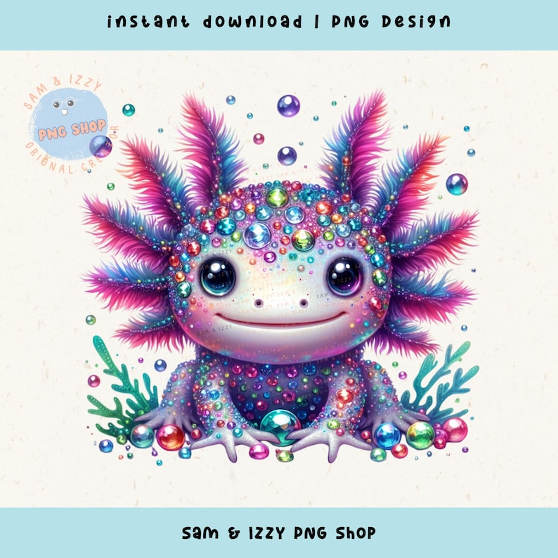 May include: A colorful, cartoon axolotl with iridescent scales and large, blue eyes. The axolotl is surrounded by bubbles and coral. The axolotl is sitting on a white background.