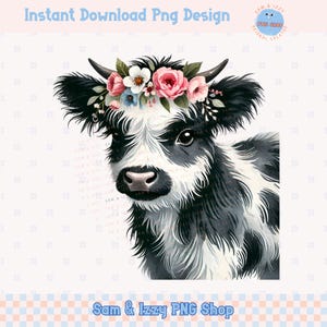 Niedliche Frühlingsblumen Highland Kuh Png Sublimationsentwürfe, Bauernhof Tiere, entzückende Baby Kuh Clipart, Bauernhaus Land Mädchen Grafiken, Kuhliebhaber