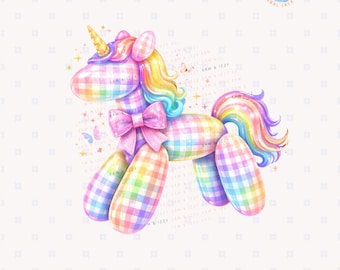 Pastel Gingham Unicorn PNG, Coquette Unicorn Clipart, Cute Rainbow Unicorn Balloon, Girly Birthday Sublimation Design, Boutique Kids PNG