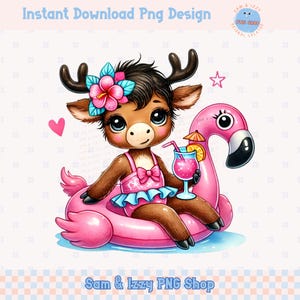 May include: A cartoon deer wearing a pink swimsuit and a flower crown floats on a pink flamingo pool float with a pink drink in its hand.