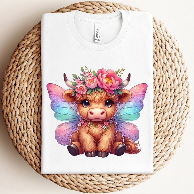K&ouml;nnte beinhalten: Eine s&uuml;&szlig;e Cartoon-Highland-Kuh mit rosa und wei&szlig;en Blumen im Haar und schillernden Schmetterlingsfl&uuml;geln. Die Kuh sitzt auf wei&szlig;em Hintergrund.
