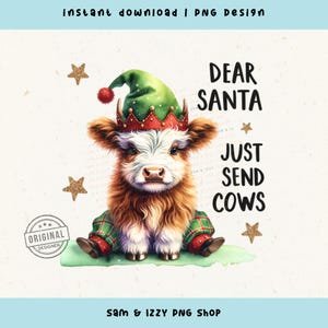 Beste kerstman, stuur gewoon koeien kerst png, schattig hooglandkoe kerstontwerp voor shirts, vakantie boerderij koe afdrukbare, schattige elfensublimatie