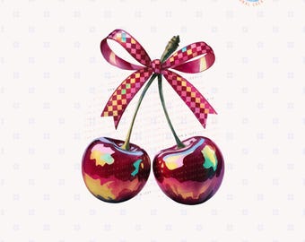 Coquette Cherry Bow Png, Cute Cherry Watercolor Png, Summer Fruit Festive Design, Coquette Bow Design Png, Retro Girly Clipart Graphics, DTF