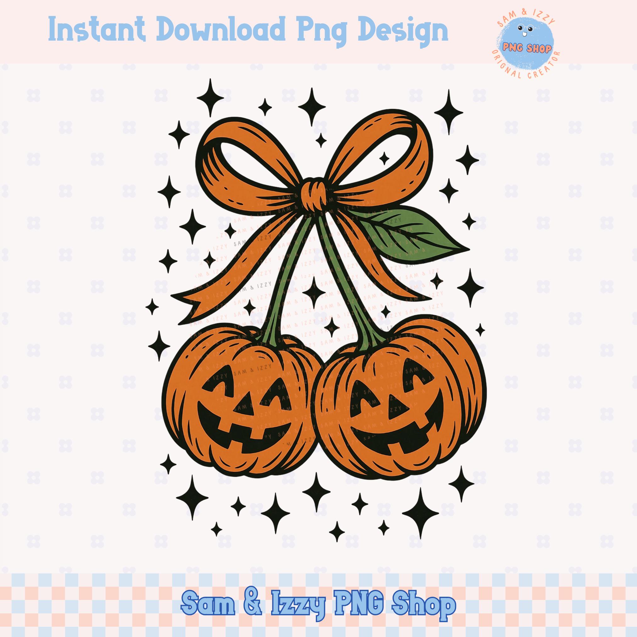 Coquette Pumpkin Cherries, Trendy Retro Halloween Png Sublimation Designs, Pumpkin Bow Graphics, Halloween Jack o Lantern Clipart, Girly Png