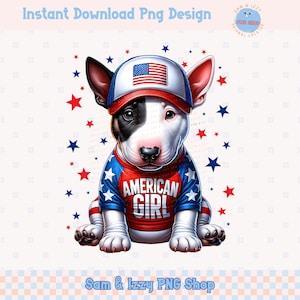 Cuatro de Julio PNG, Bull Terrier Patriótico, American Girl Amante de los Perros, PNG Patriótico, Pegatinas de Perro, Clipart de Perro Lindo, Ilustración de Perro, DTF